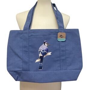 New Hand Printed Blue Jay Bird Coated Canvas Double Handle Tote Bag
